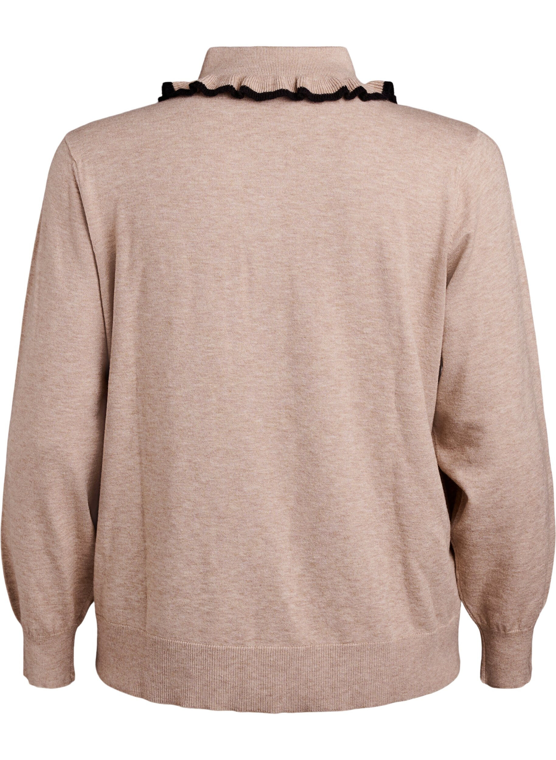 Zizzi Gebreide blouse met een kraag en contrasterende ruches, Beige, Packshot image number 1