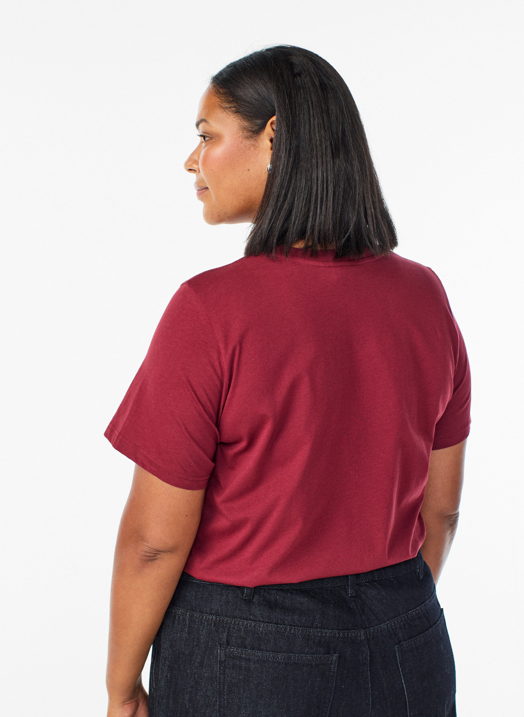 ZizziBasic katoenen T-shirt met ronde hals, Donker Bordeaux, Model image number 2
