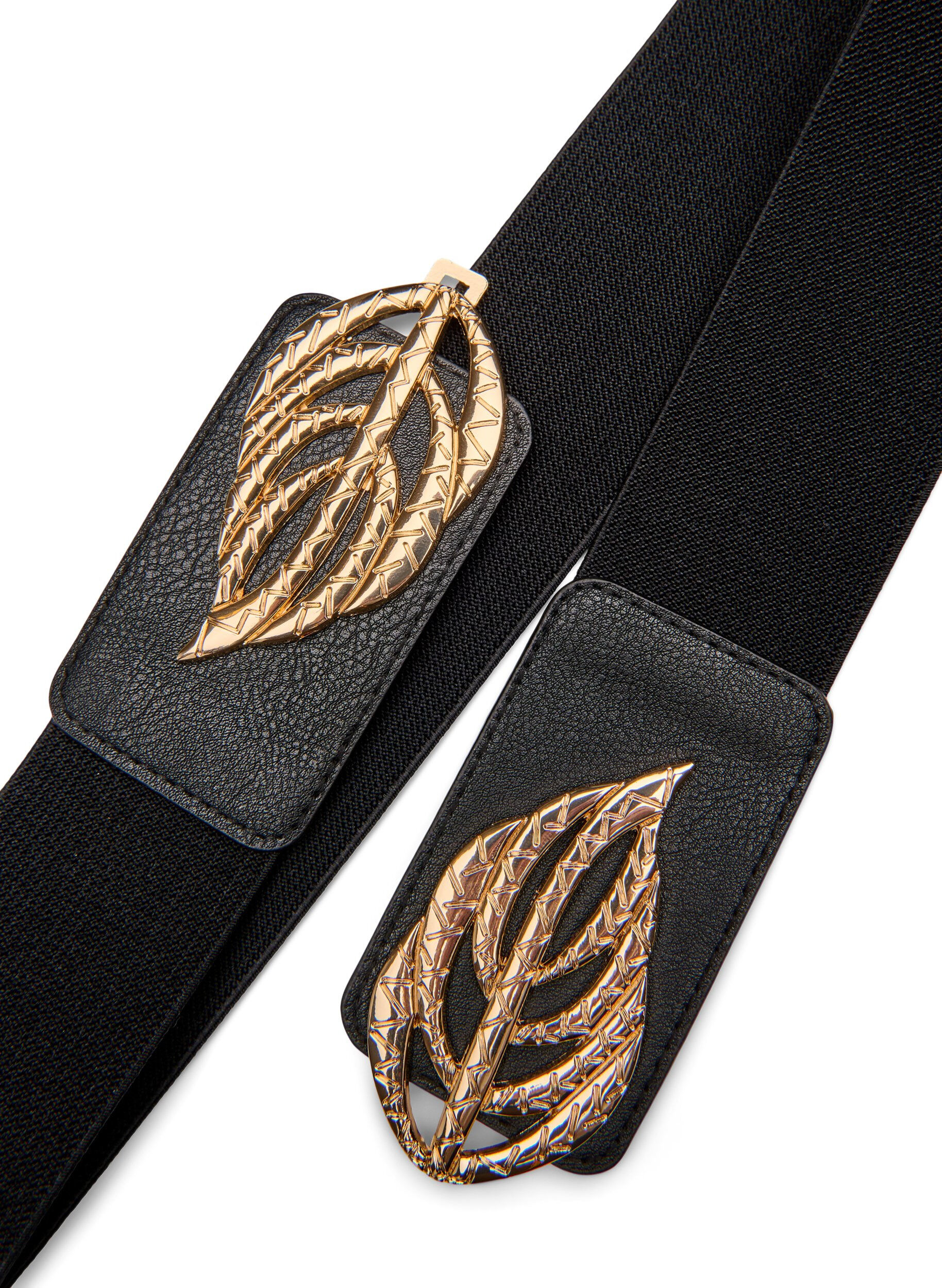 Zizzi Elastische taille riem met goudkleurige blads gesp, Black, Packshot image number 2