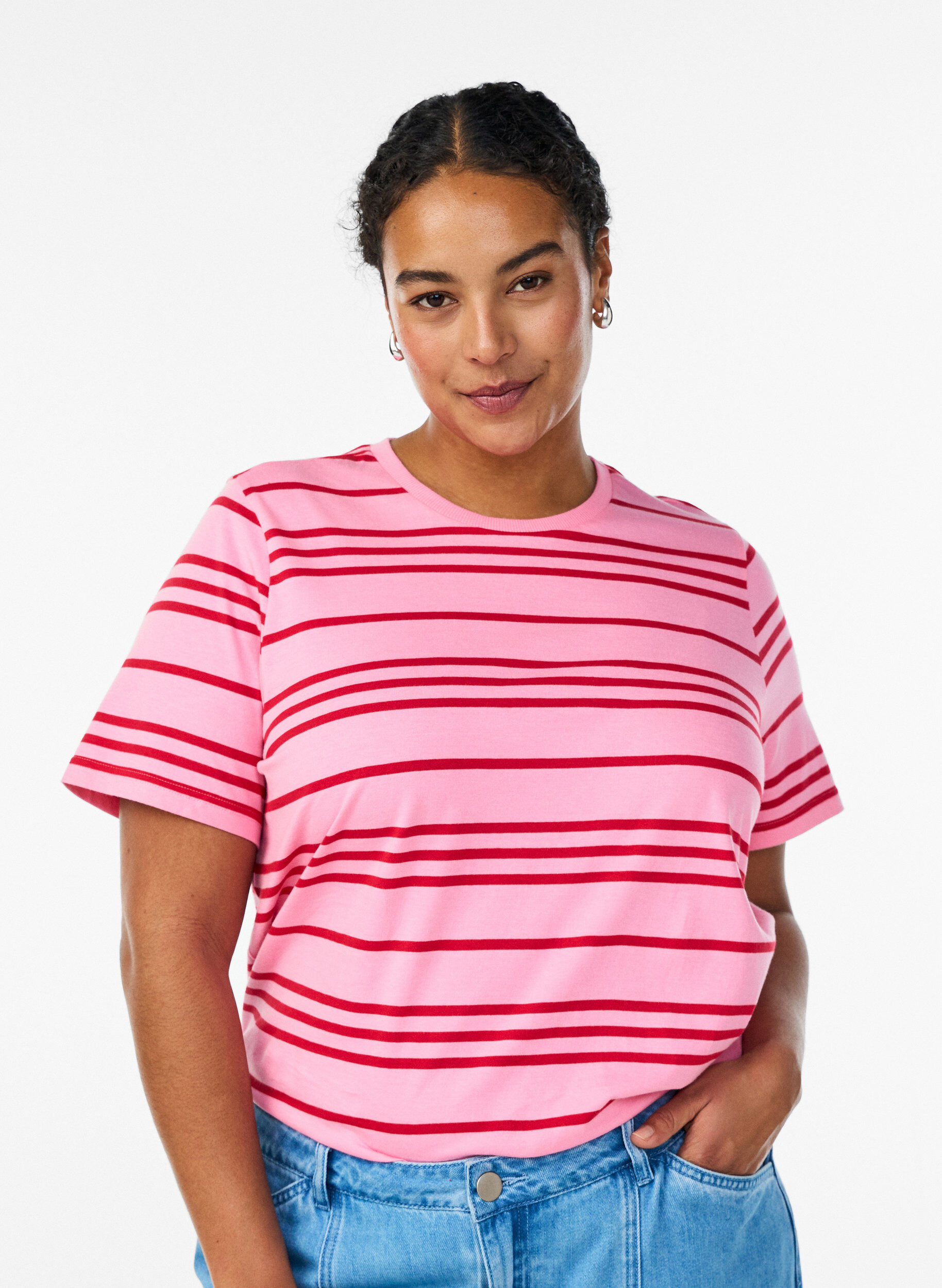 Zizzi Gestreept katoenen T-shirt, Roze, Model image number 0