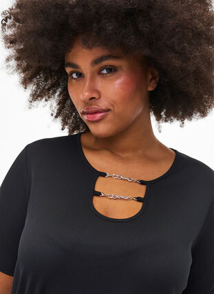 Geribde blouse met ketting detail, Black, Model image number 2