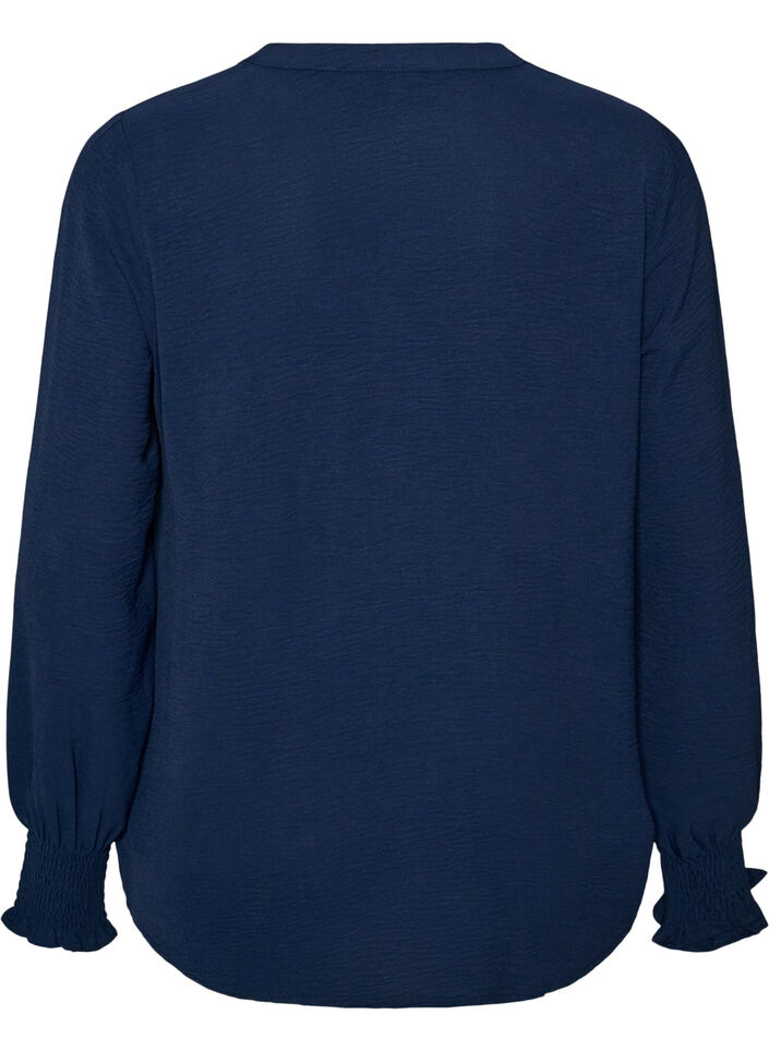 Blouse met smockmanchetten en V-hals, Blauw, Packshot image number 1