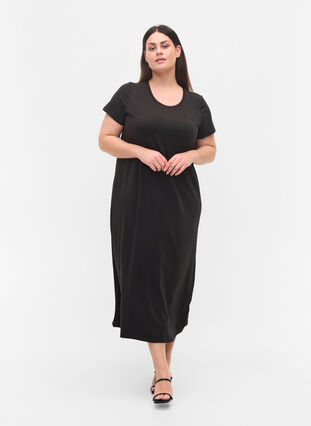 Gestreepte midi-jurk met korte mouwen, Black Solid, Model image number 2