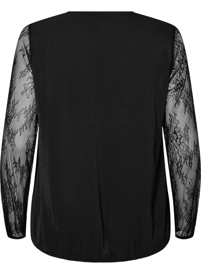 Blouse met kanten mouwen en ballonvorm, Zwart, Packshot image number 1