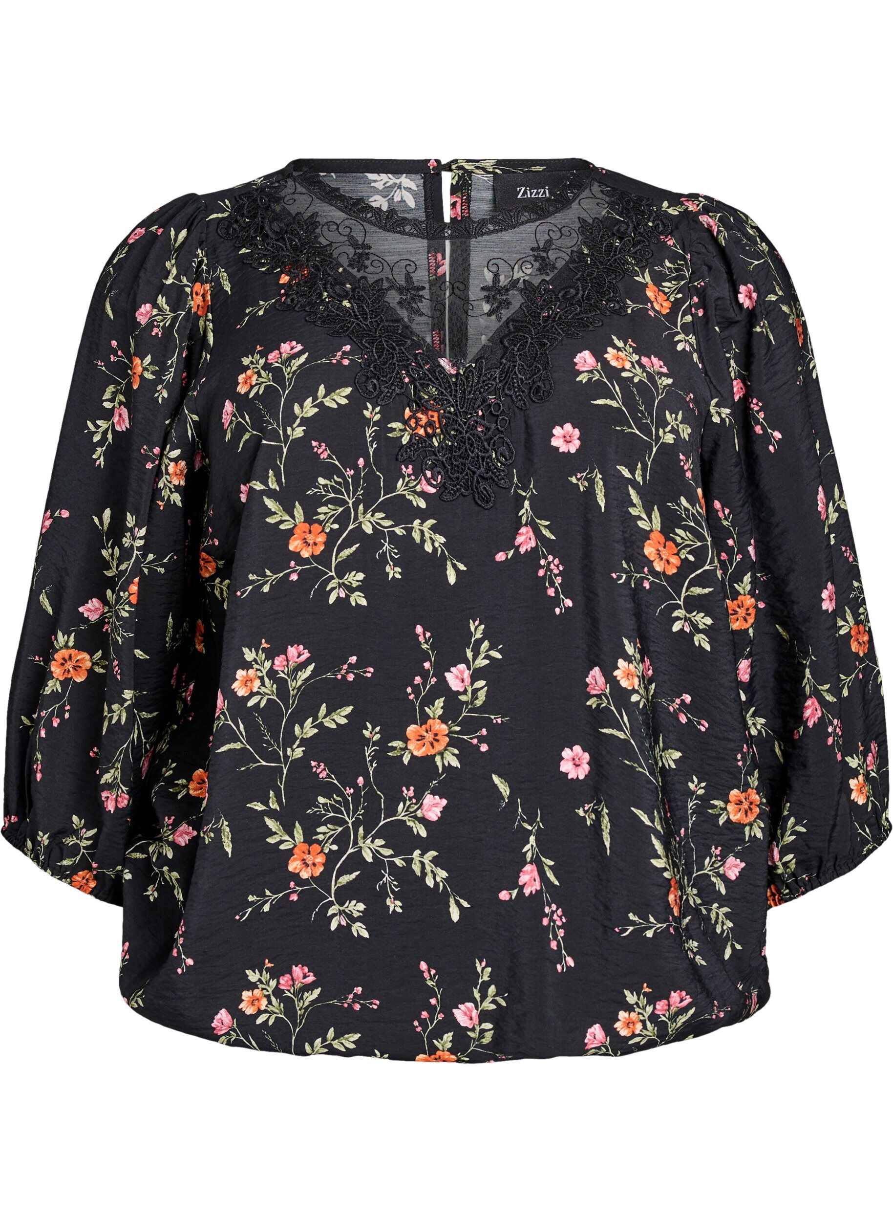 ZizziBlouse met 3/4 mouwen en kantdetails, Zwart, Packshot image number 0
