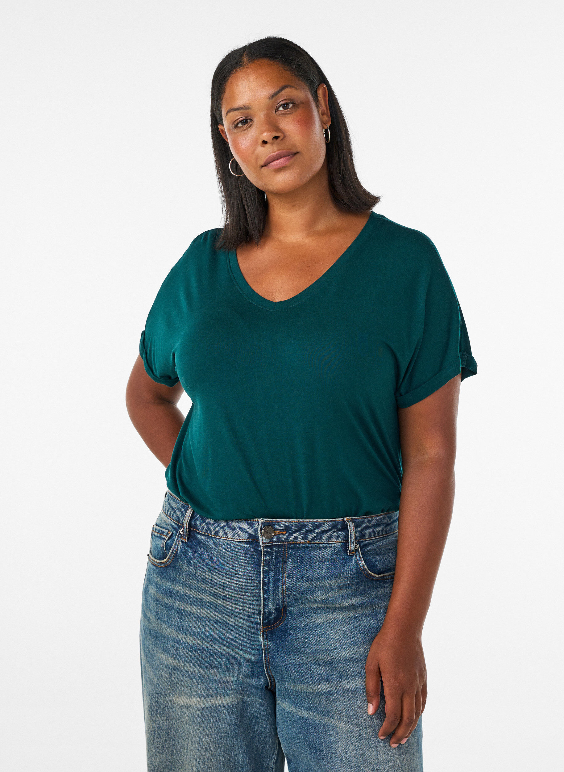 ZizziBasic T-shirt met V-hals van viscose, Groen, Model image number 0