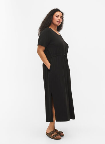 Katoenen midi-jurk met korte mouwen, Black Solid, Model image number 2