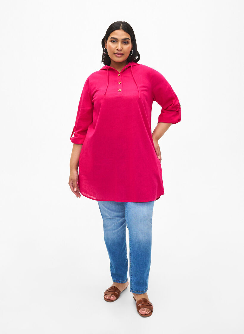 Tuniek met capuchon van katoen en linnen, Bright Rose, Model image number 2