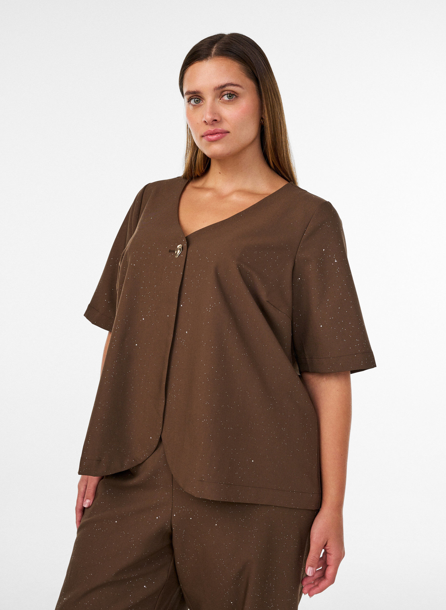 Blouse met glitter en V-hals, Bruin, Model