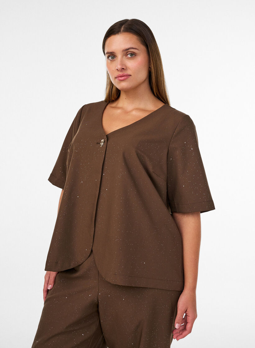Blouse met glitter en V-hals, Bruin, Model image number 0