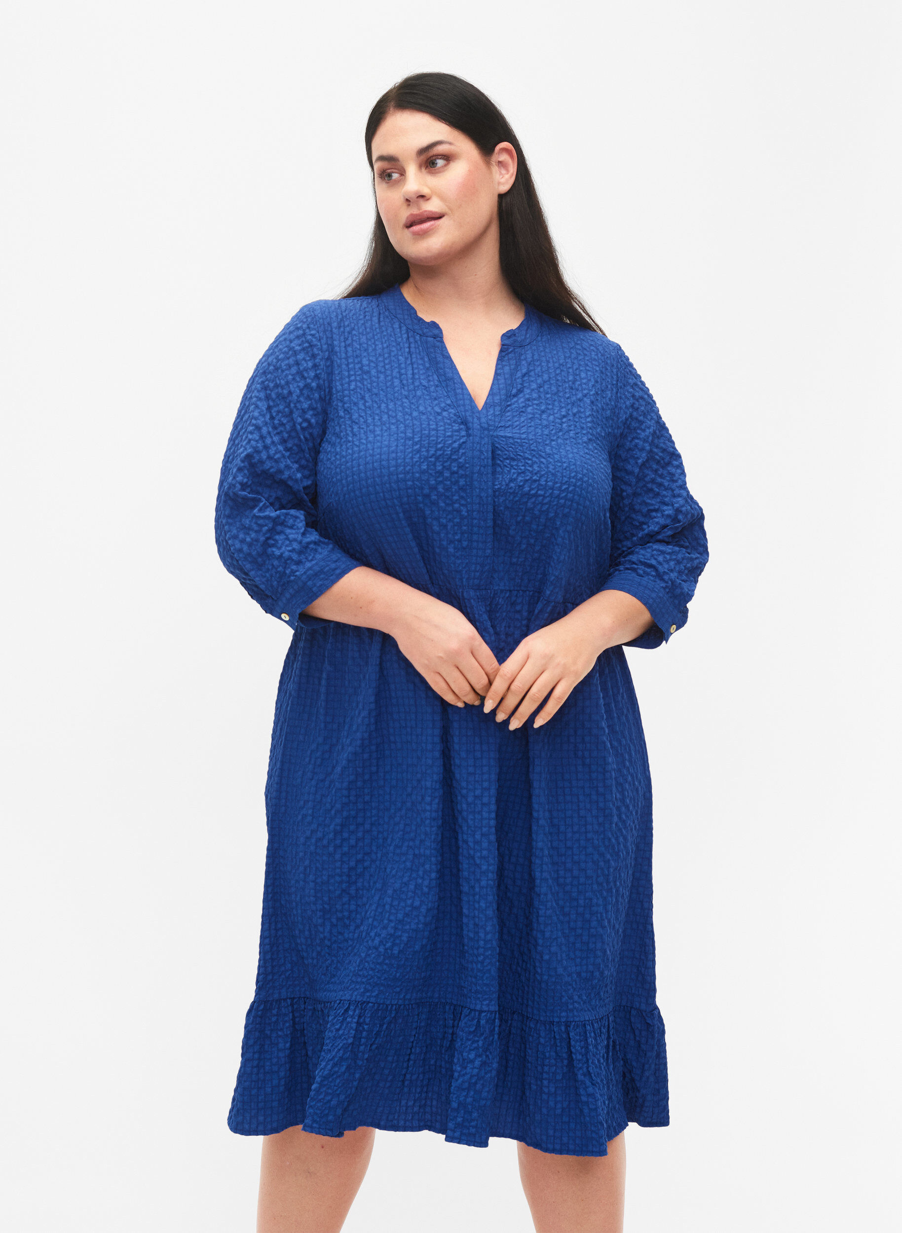 Zizzi Effen midi jurk met 3/4-mouwen, True blue, Model image number 0
