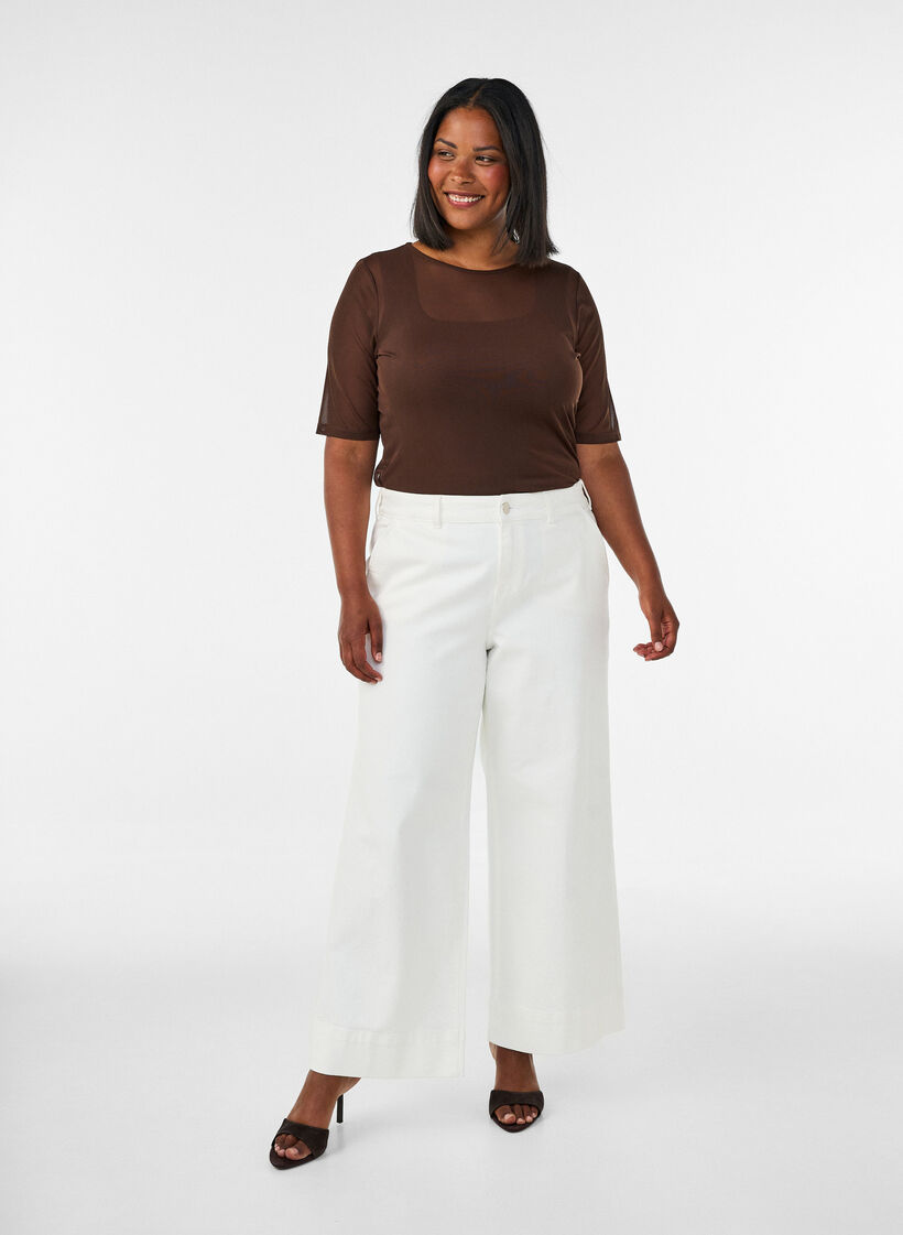Mesh top met korte mouwen en ronde hals, Bruin, Model image number 1