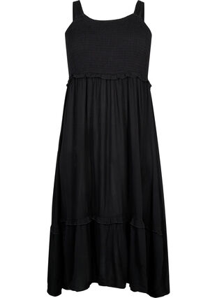 Viscose midi-jurk met smok, Black, Packshot image number 0