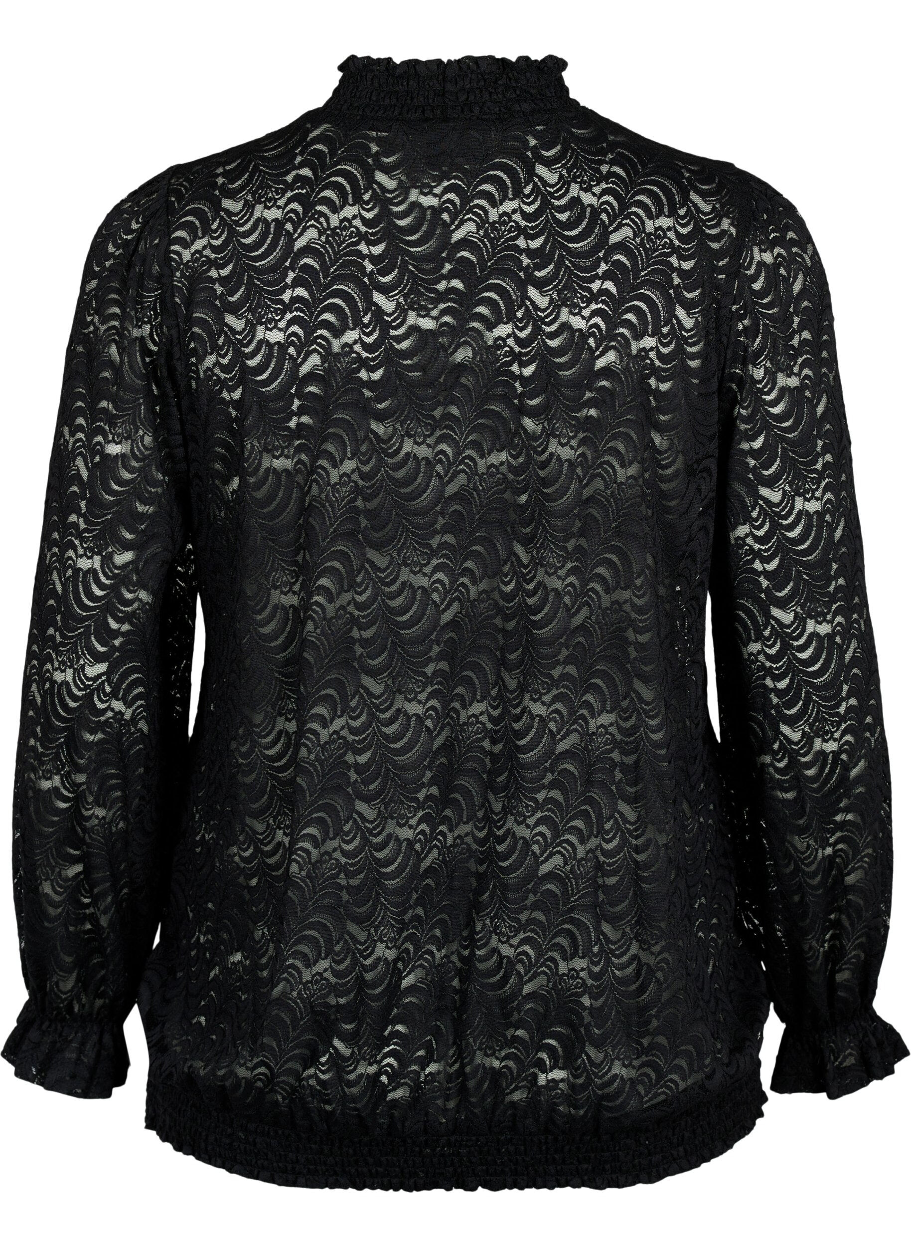 Zizzi Kanten blouse met lange mouwen en smok, Black, Packshot image number 1