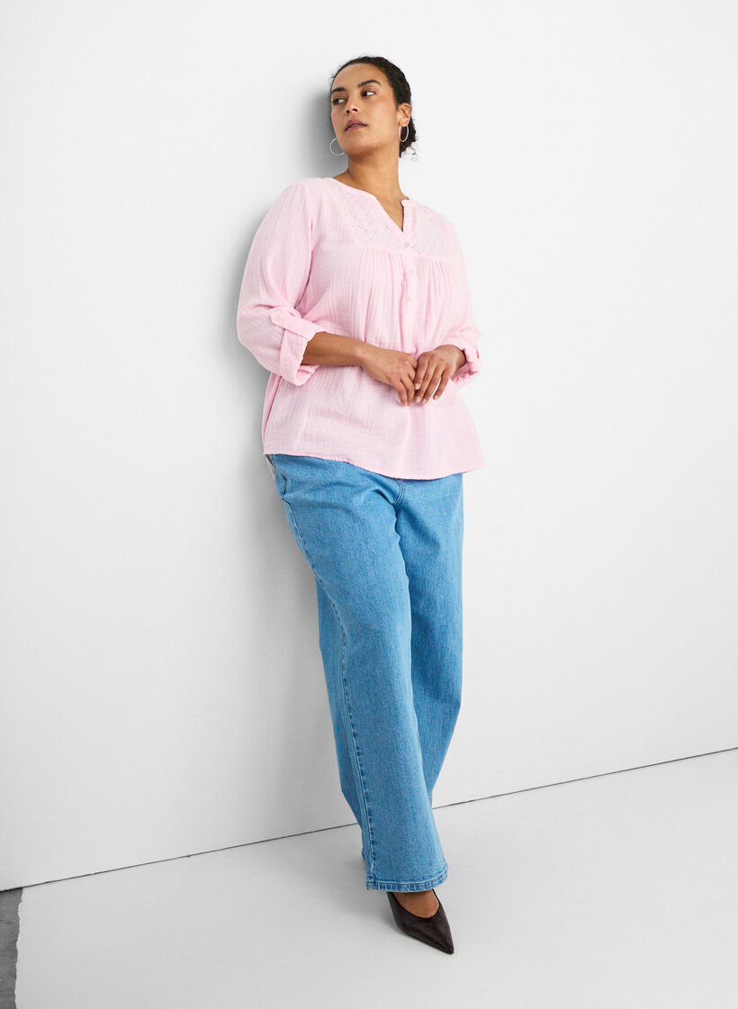 Blouse in katoenen mousseline met broderie anglaise, Roze, Model image number 3