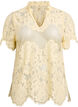 Kanten blouse met ruchekraag en korte mouwen, Geel, Packshot image number 0