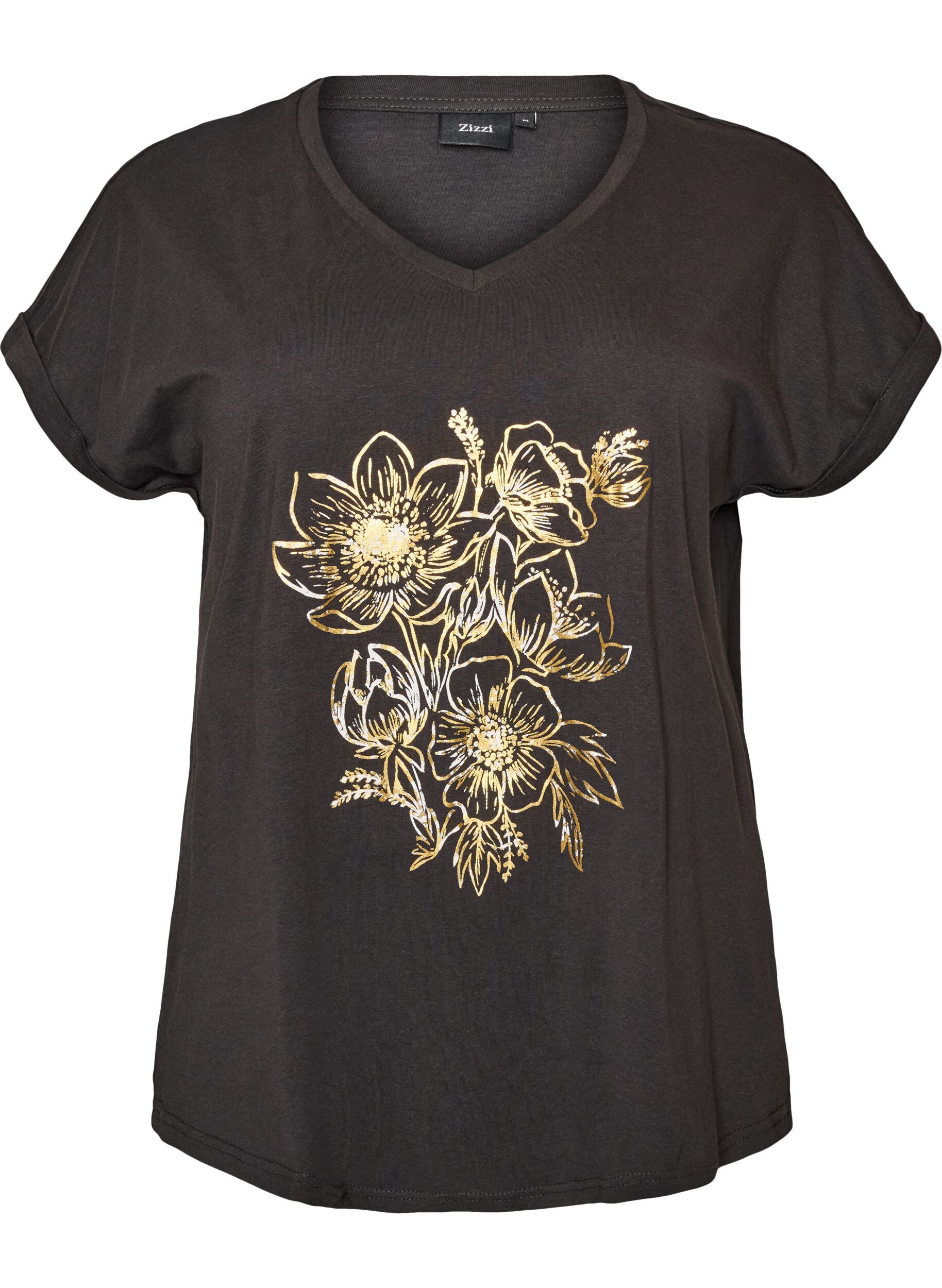 ZizziKatoenen T-shirt met goudkleurige folieprint, Grijs, Packshot image number 0