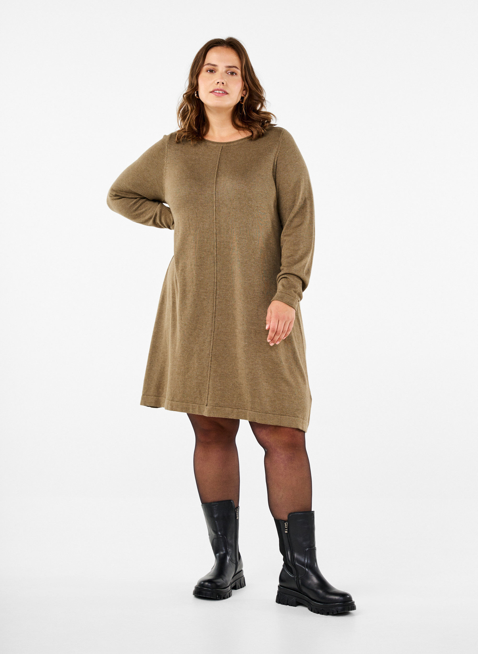 Zizzi Gebreide jurk in katoen-viscose blend, Groen, Model image number 1