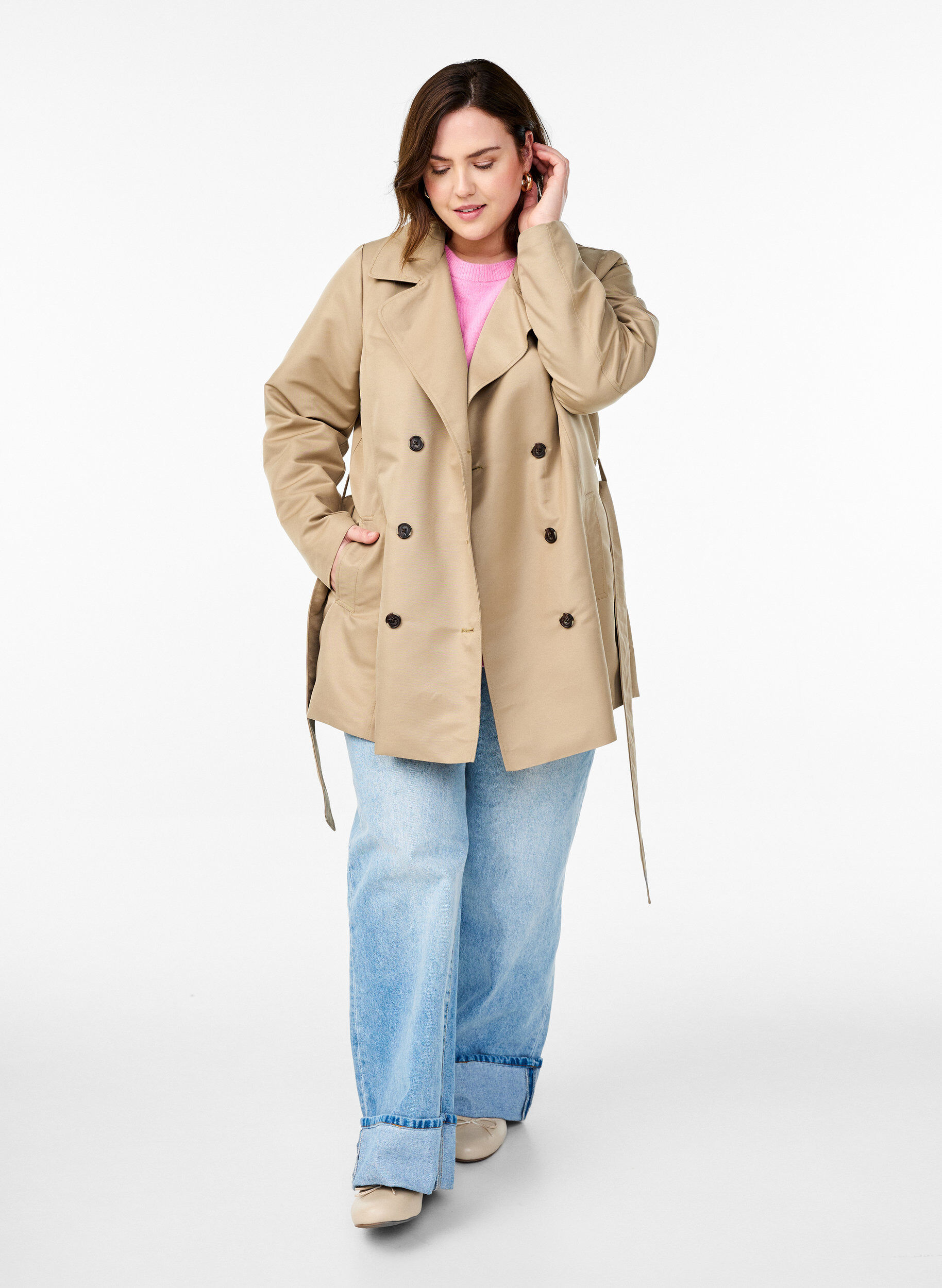 Zizzi Korte trenchcoat met riem, Beige, Model image number 1