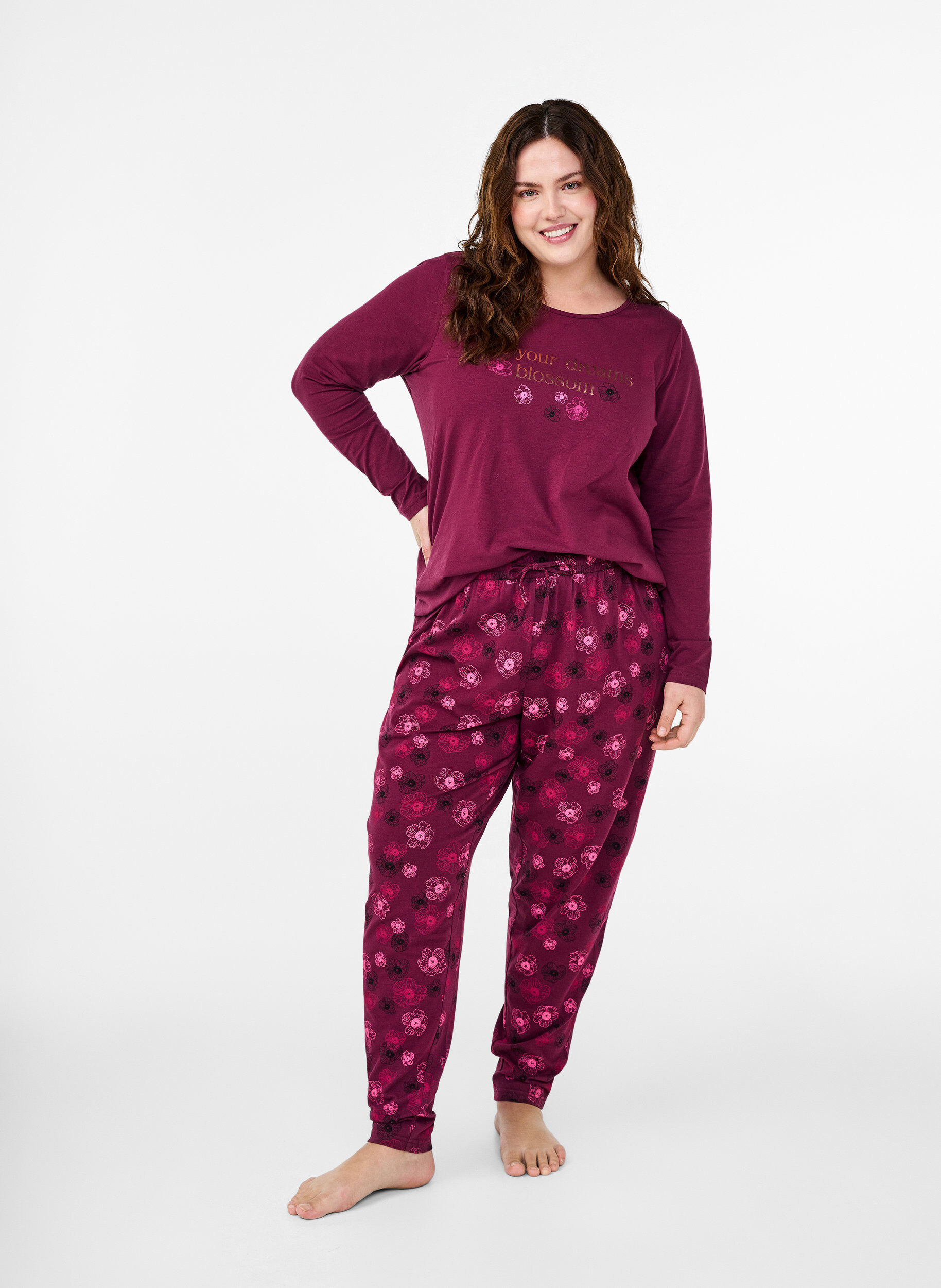 Zizzi Kleren pyjama broek met print, Donker Bordeaux, Model image number 0