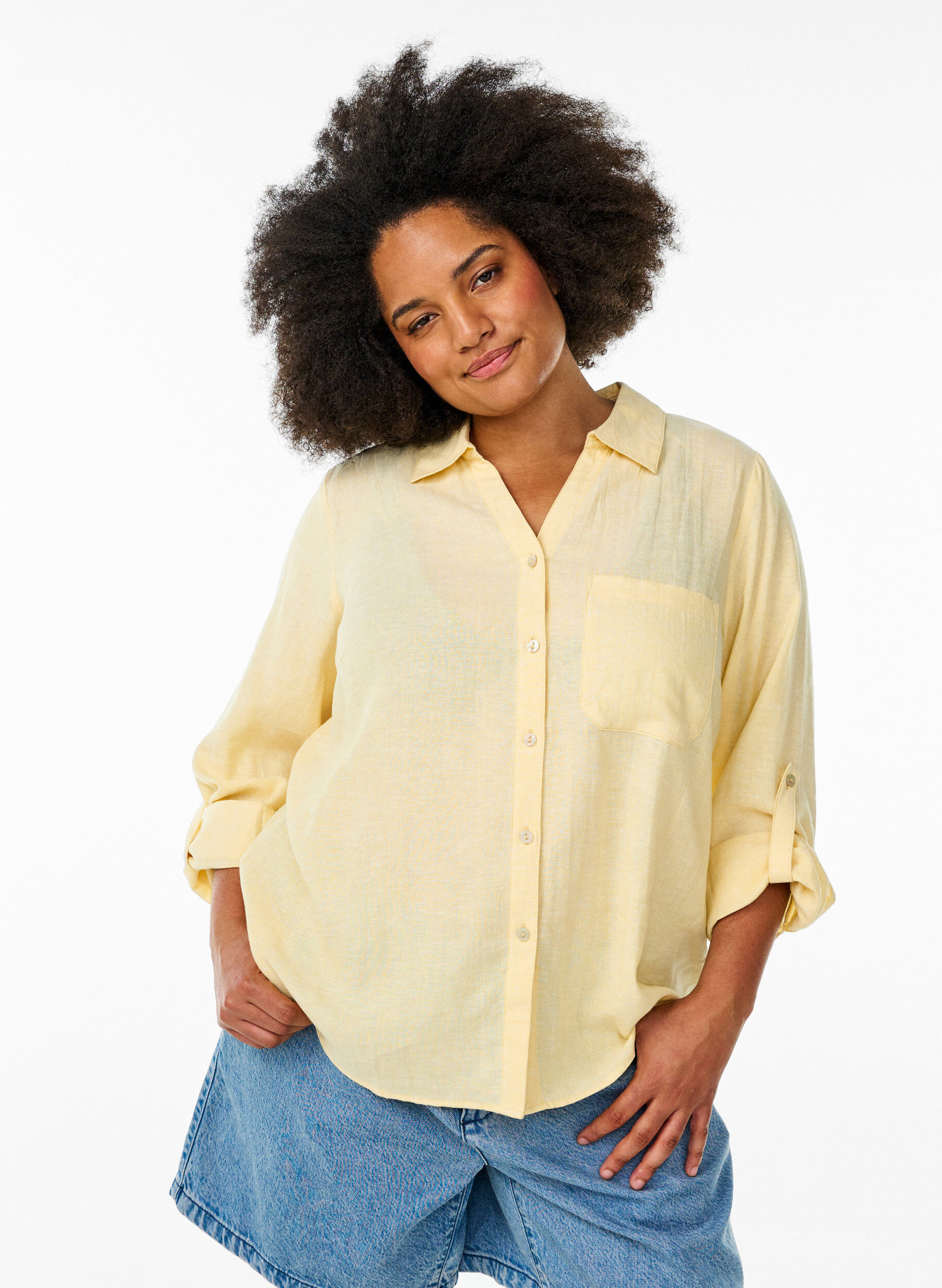 ZizziLinnen en viscose shirt met 3/4 mouwen, Geel, Model image number 0