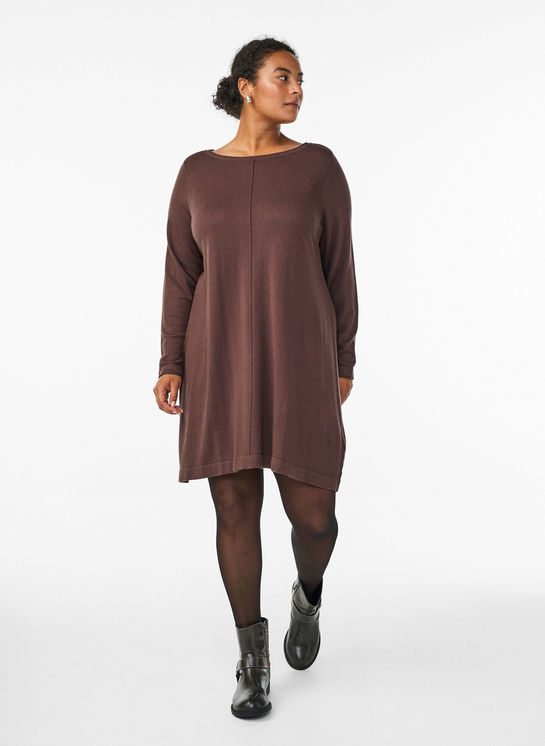 Zizzi Gebreide jurk in katoen-viscose blend, Bruin, Model image number 1