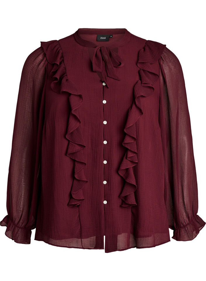 Transparante blouse met ruches en striksluiting, Rood, Packshot image number 0