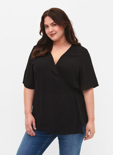 Viscose blouse met wikkel, Black, Model image number 0