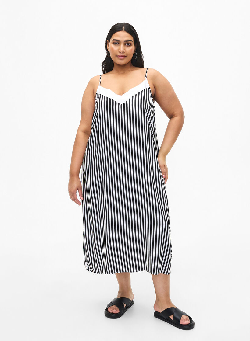 FLASH - Gestreepte bandjesjurk van viscose, Black White Stripe, Model image number 0