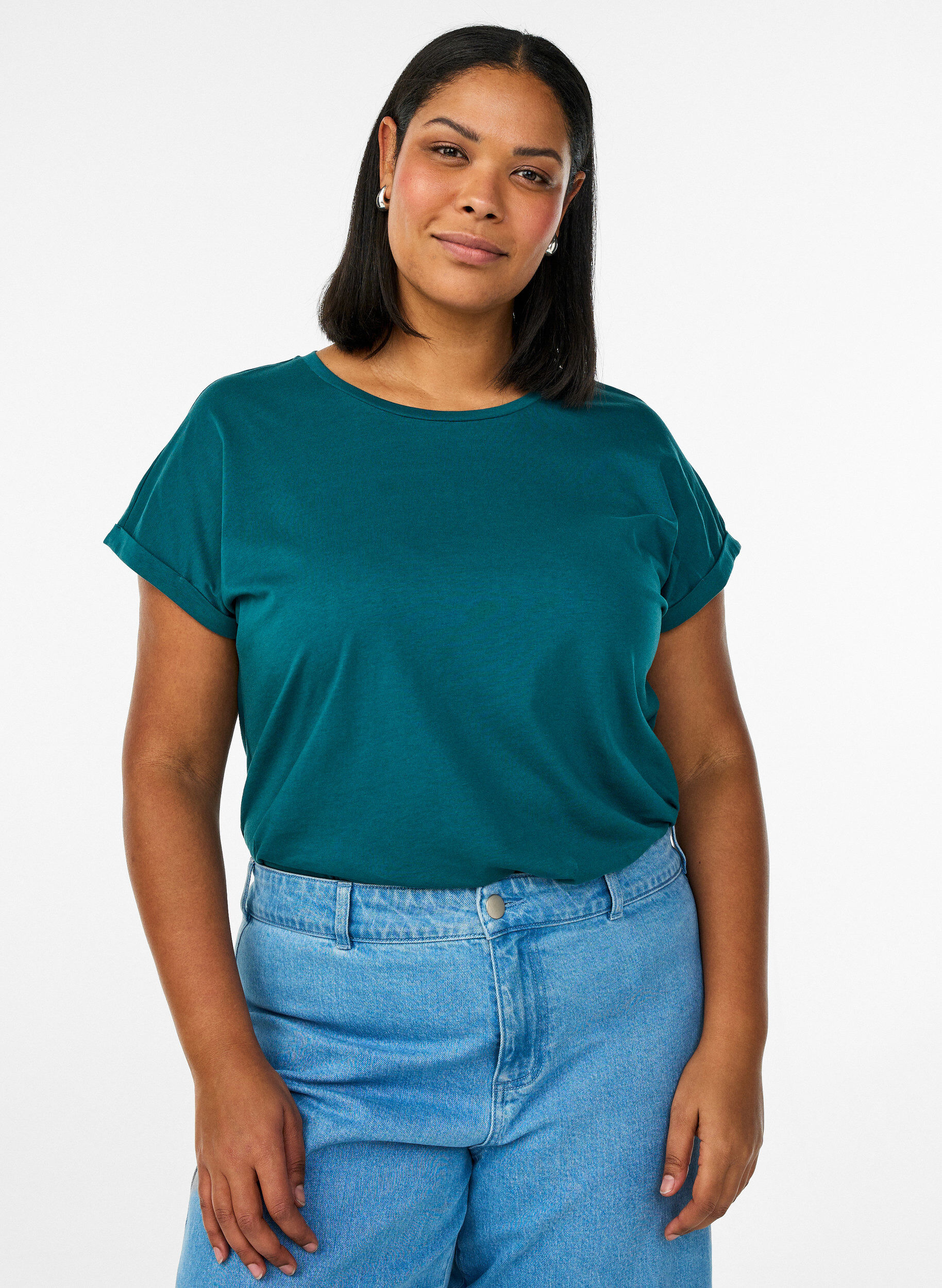 T-shirt met korte mouwen van katoenmix, Groen, Model