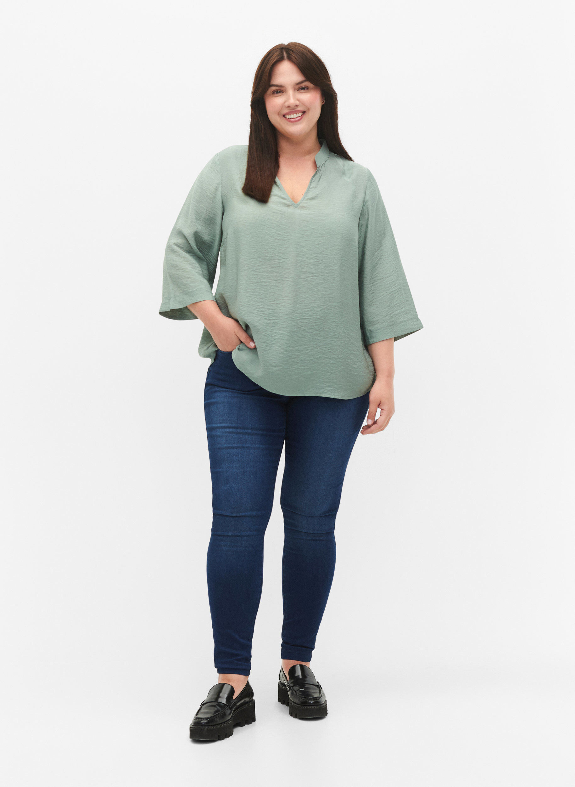 Zizzi Gekleurde blouse met 3/4 mouwen, Chinois Green, Model image number 2