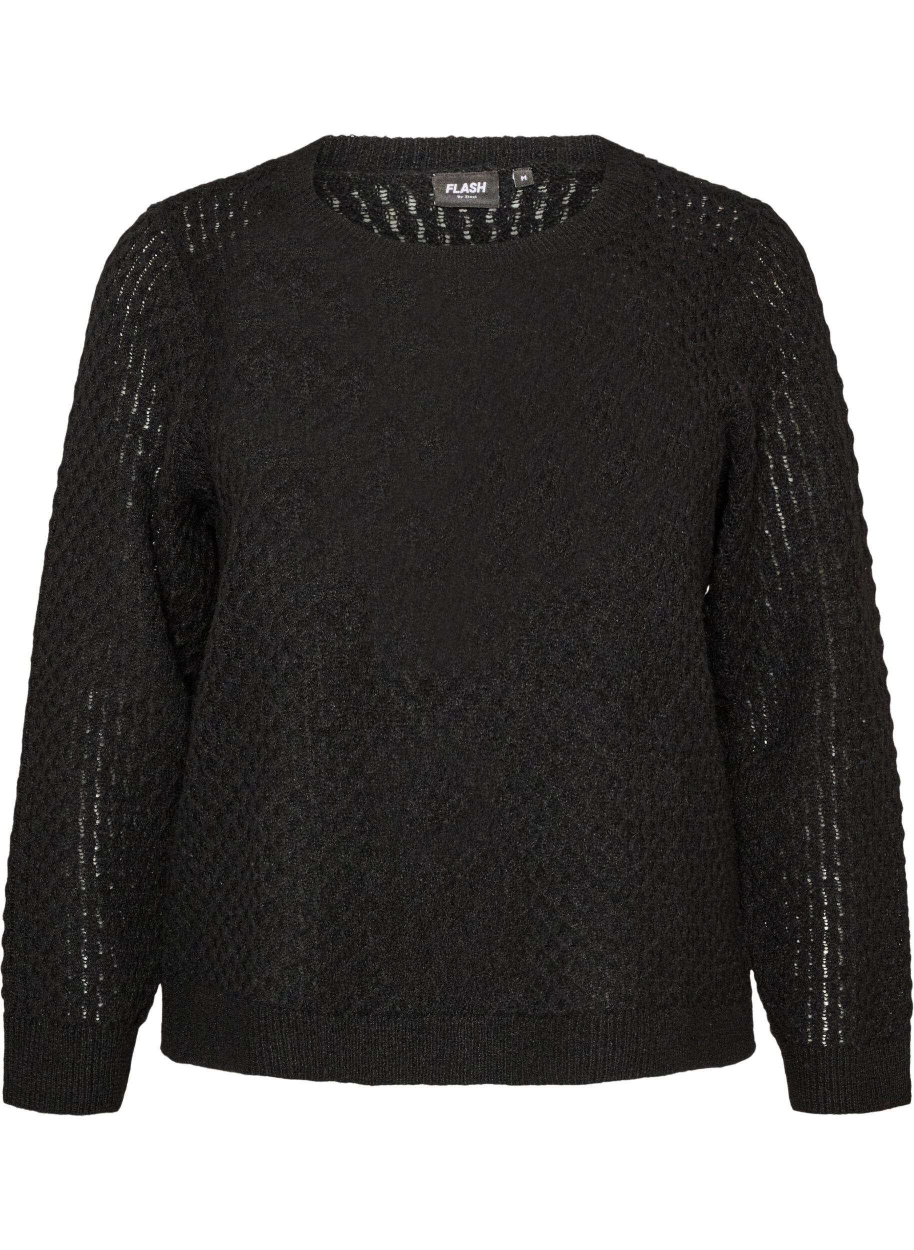 ZizziGebreide blouse met een opengewerkt structuurpatroon, Zwart, Packshot image number 0
