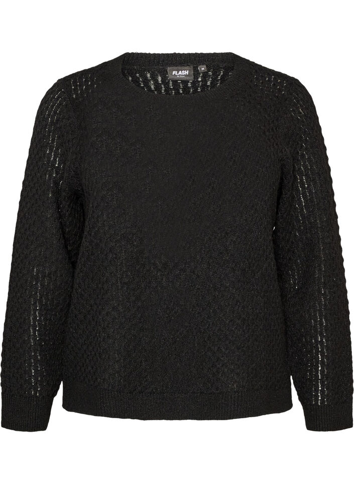 Gebreide blouse met een opengewerkt structuurpatroon, Zwart, Packshot image number 0