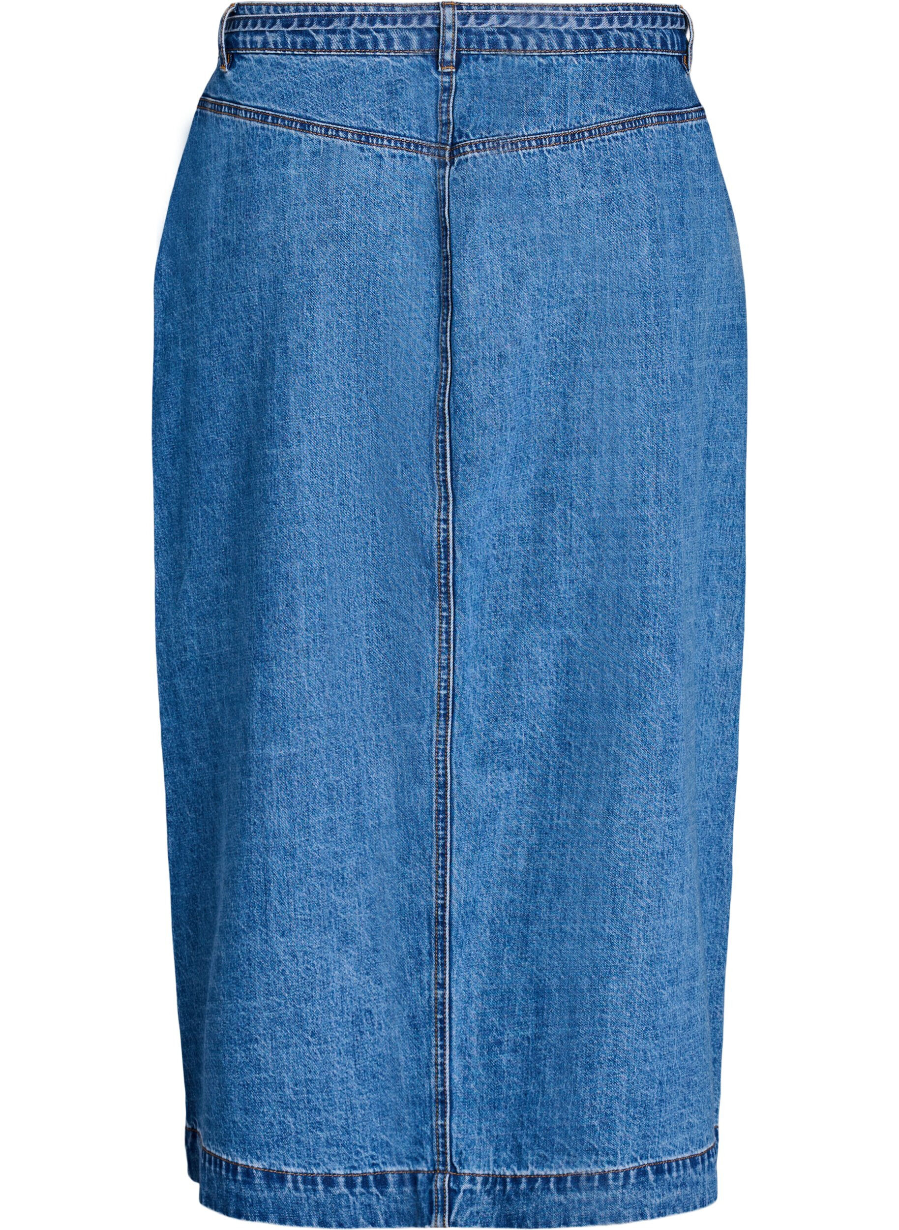 Zizzi Lange denimrok met knoopjes en strikriem, Blauw, Packshot image number 1