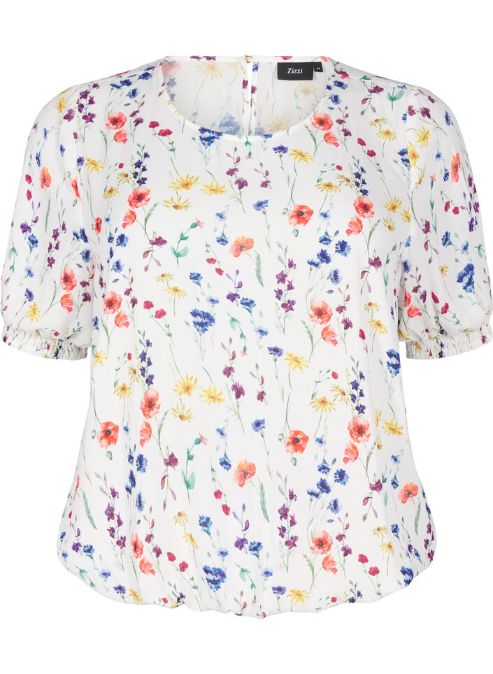 Gebloemde blouse met smokwerk, Blauw, Packshot image number 0