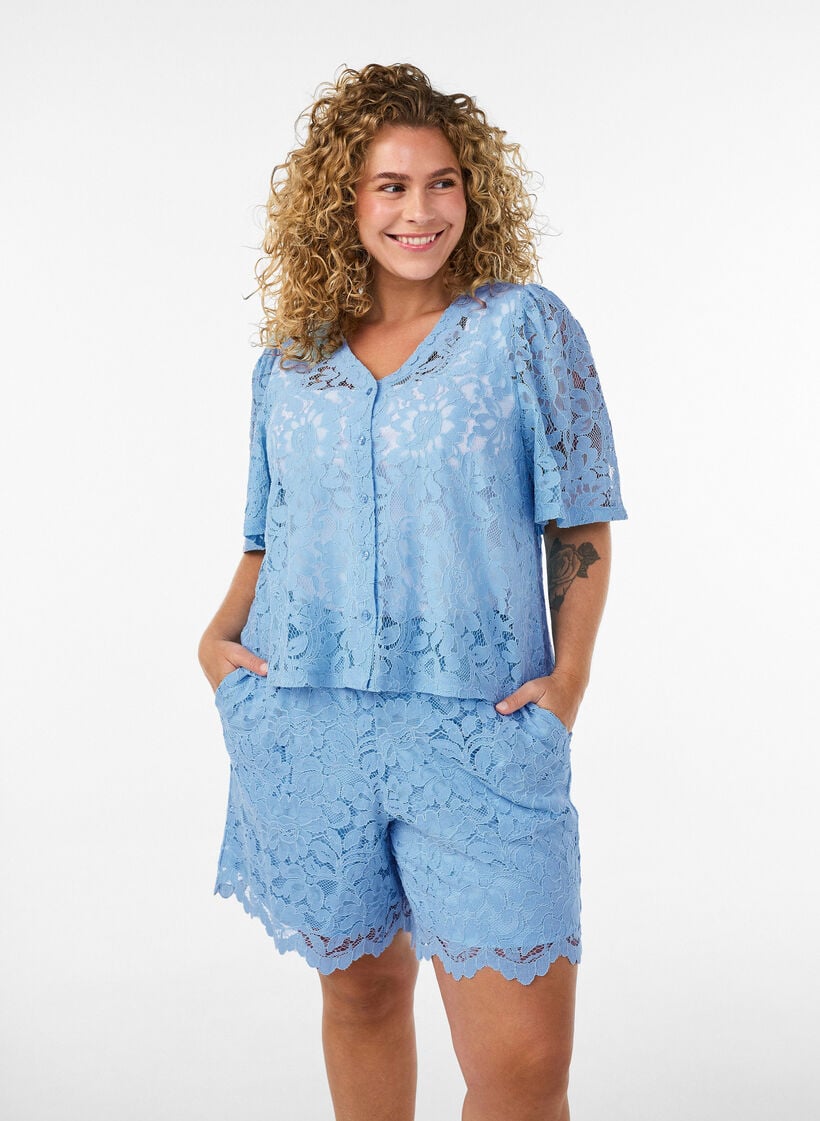 Kanten blouse met korte mouwen en V-hals, Blauw, Model image number 0