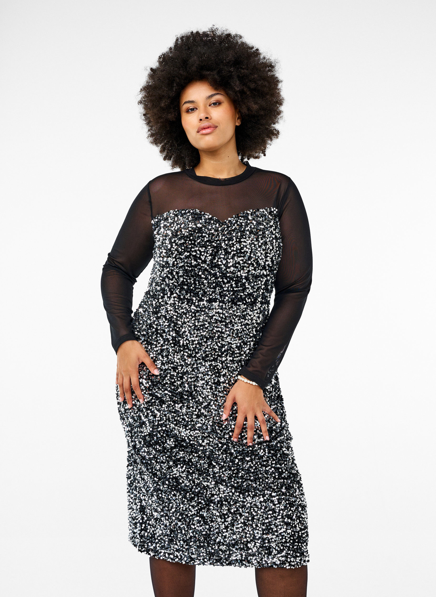 Zizzi Glitterjurk met pailletten, Black w. Silver, Model image number 0
