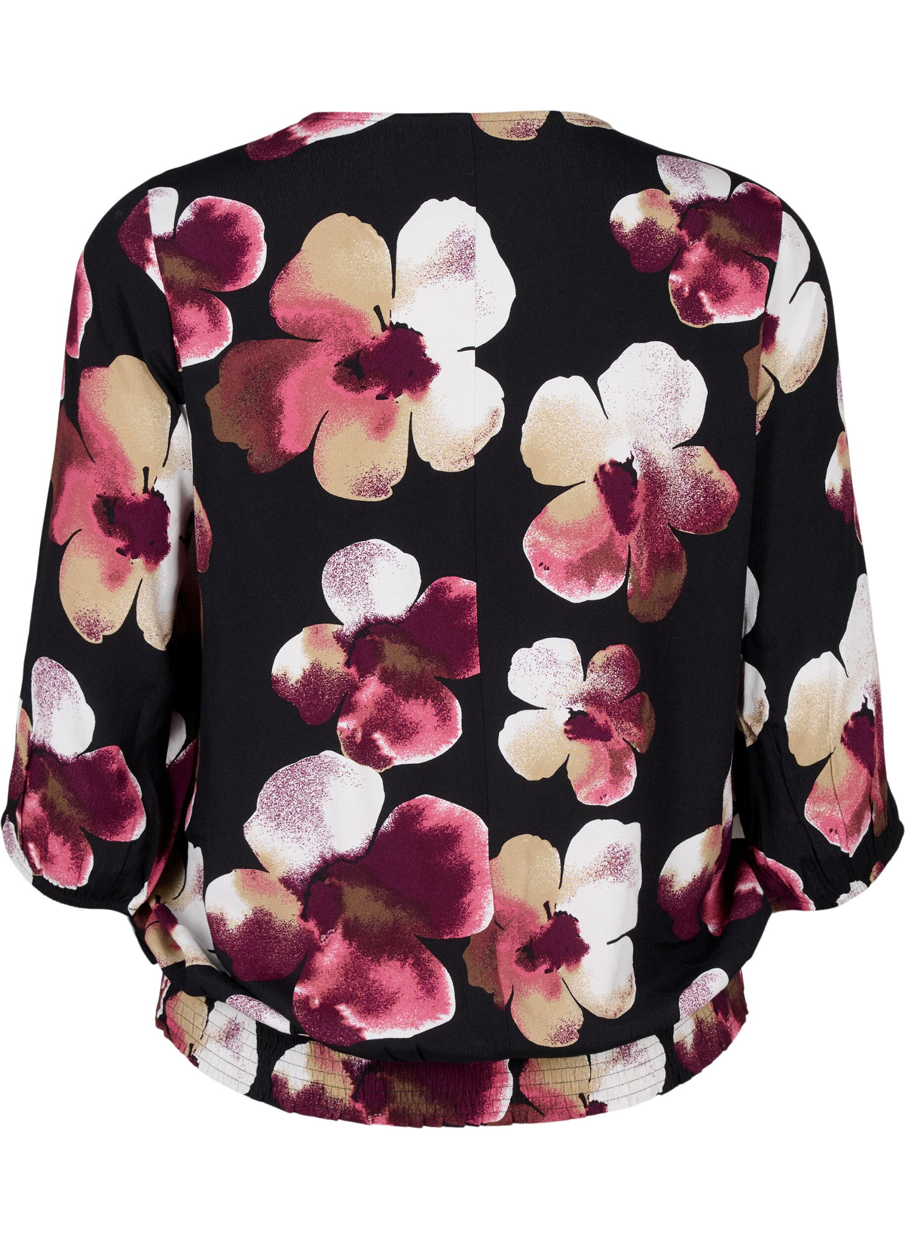 Zizzi Viscose blouse met print en smok, Zwart, Packshot image number 1