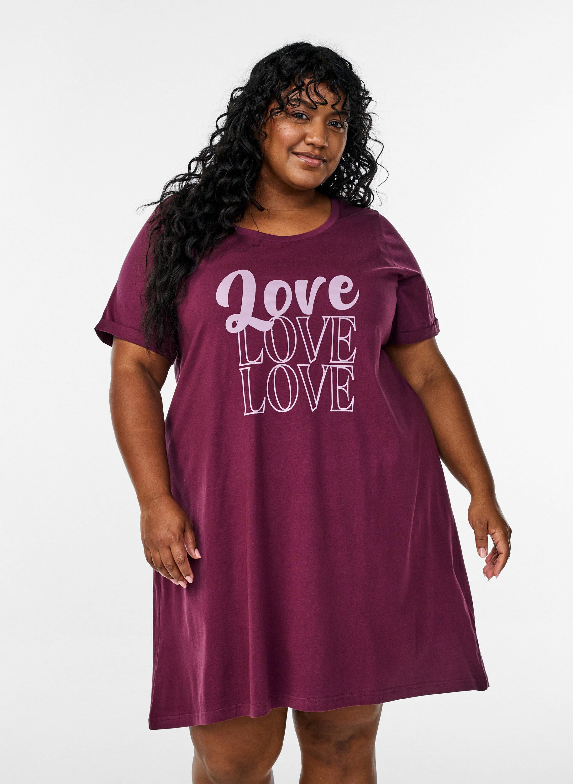 Zizzi Nachtjapon met korte mouwen van biologisch katoen, Donker Bordeaux, Model image number 0