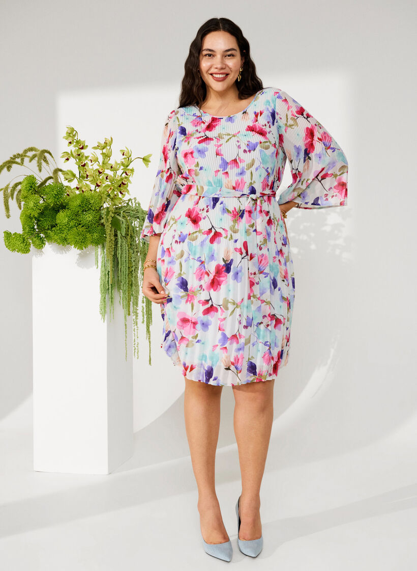 Bedrukte geplooide jurk met bindband, White/MultiFlowerAOP, Image image number 0