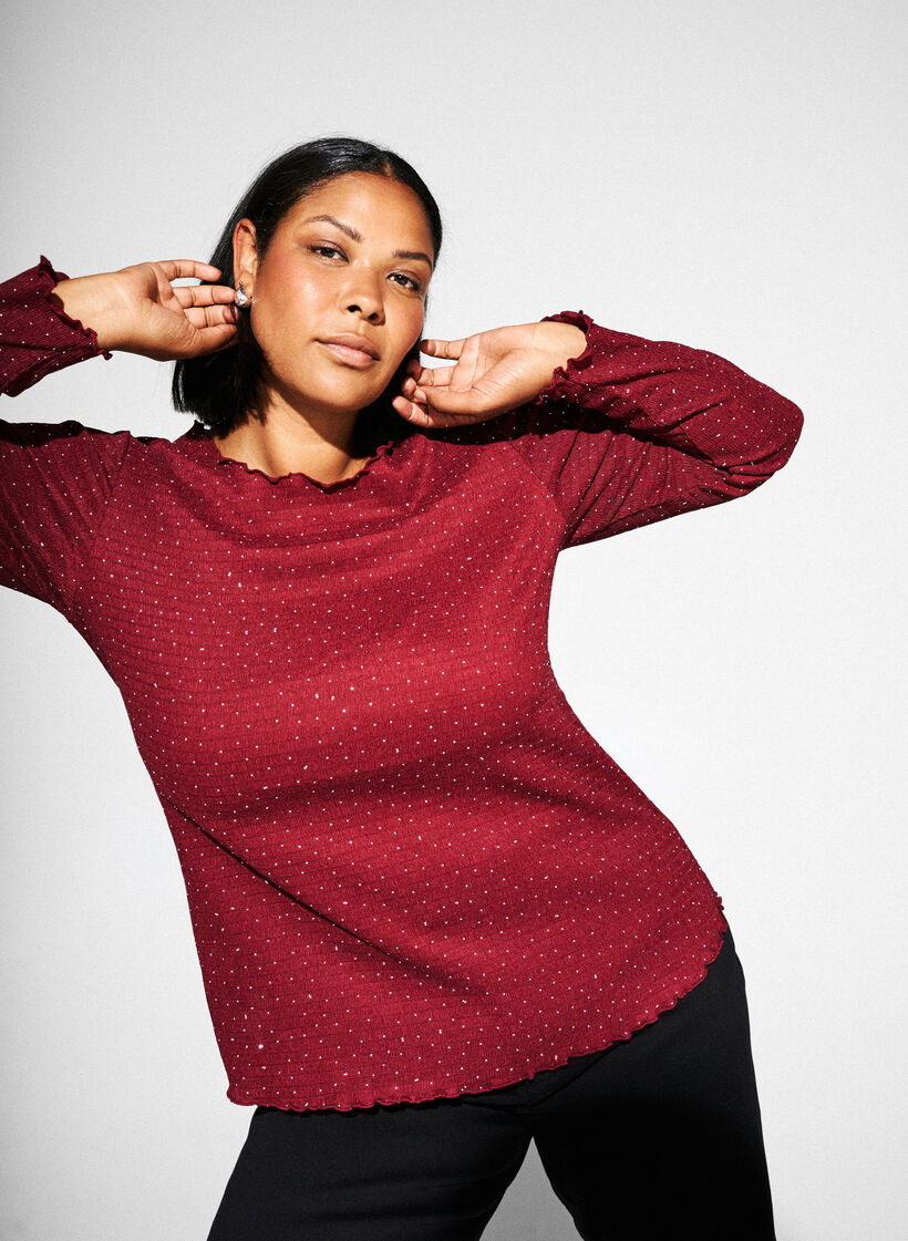 Blouse met lange mouwen en strassstenen, Donker Bordeaux, Image image number 0