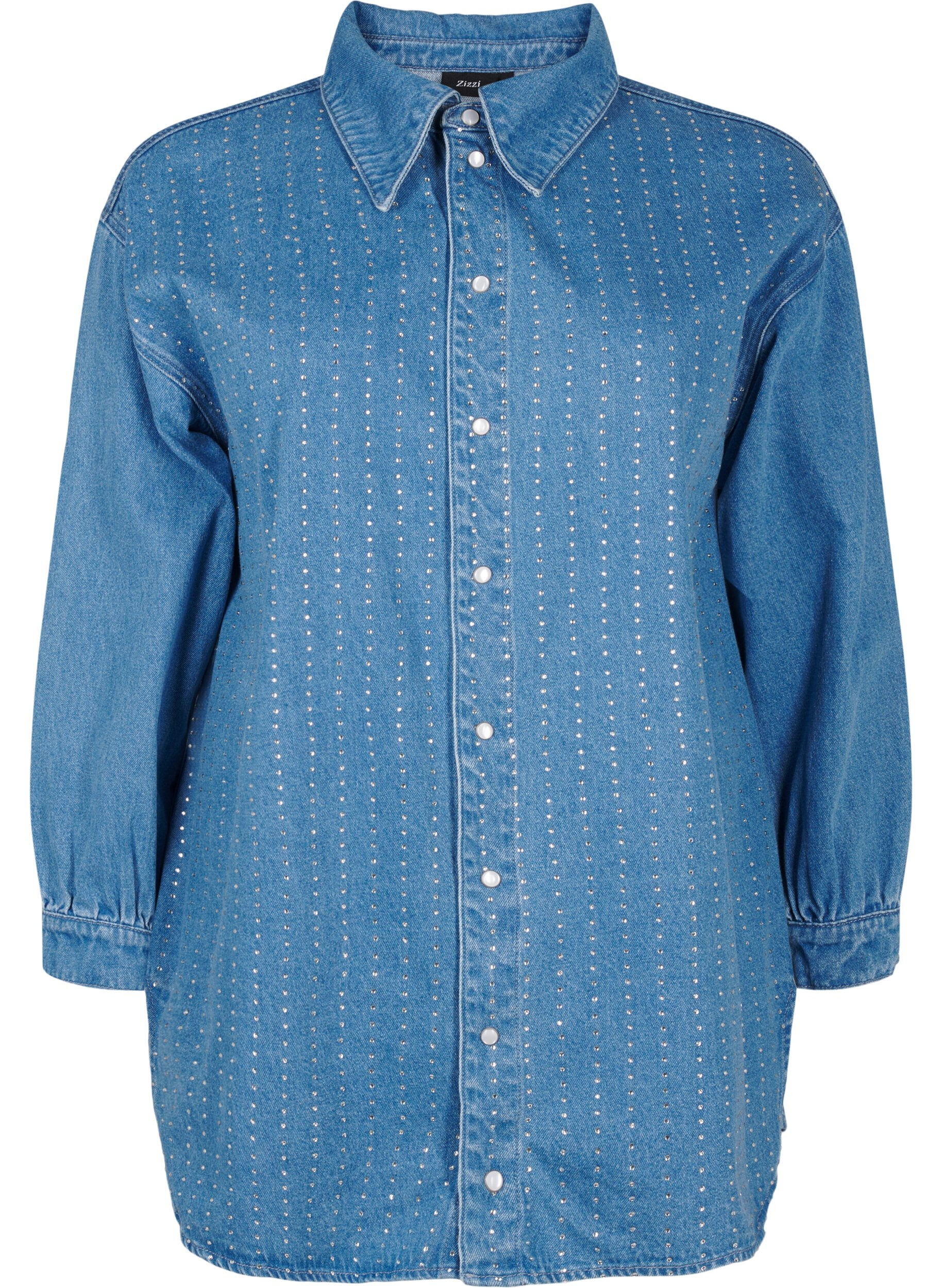 Zizzi Denim shirt met strasssteentjes, Light Blue Denim, Packshot image number 0