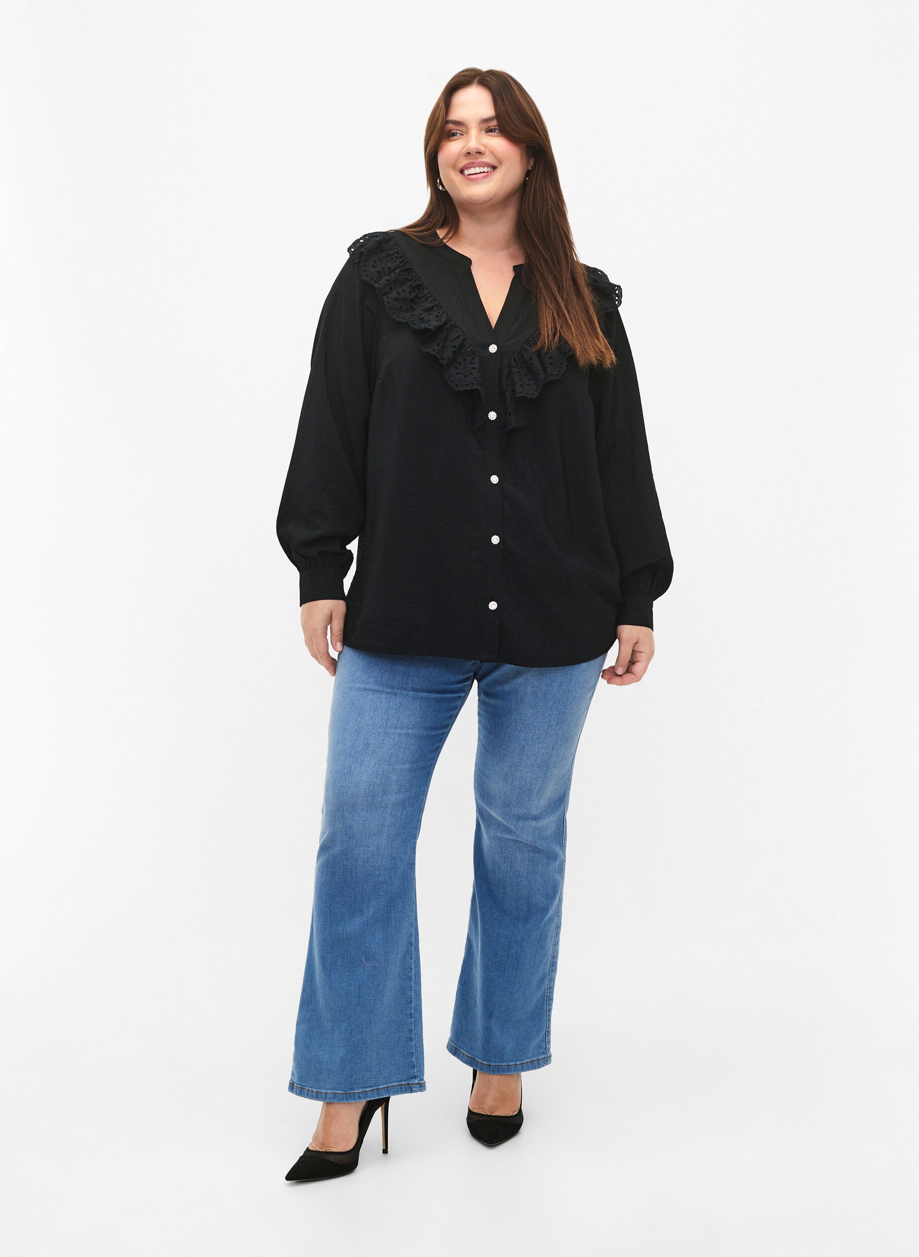 Zizzi Viscose overhemdblouse met ruches, Black, Model image number 2