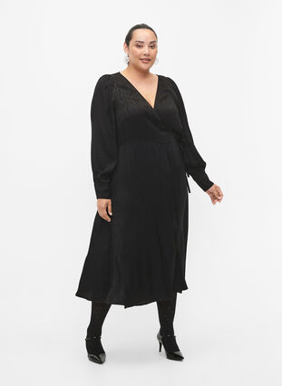 Viscose jurk met lange mouwen en ton sur ton print, Black, Model image number 3