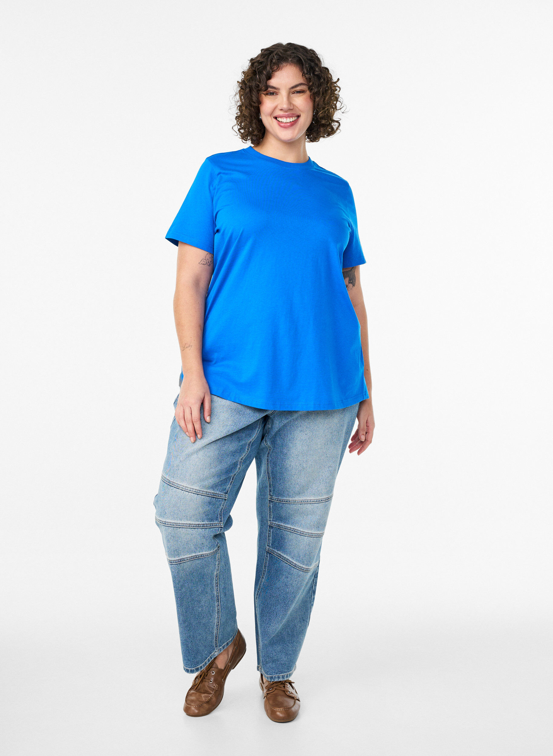 ZizziBasic katoenen T-shirt met ronde hals, Blauw, Model image number 1