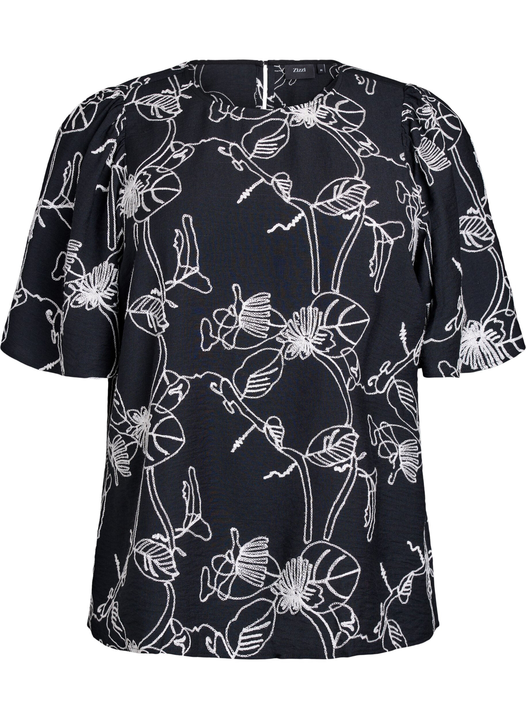 ZizziBlouse met korte mouwen en geborduurd patroon, Zwart, Packshot image number 0