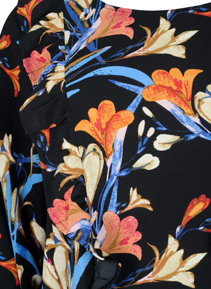 Blouse met lange mouwen en ruches, Black Flower AOP, Packshot image number 2