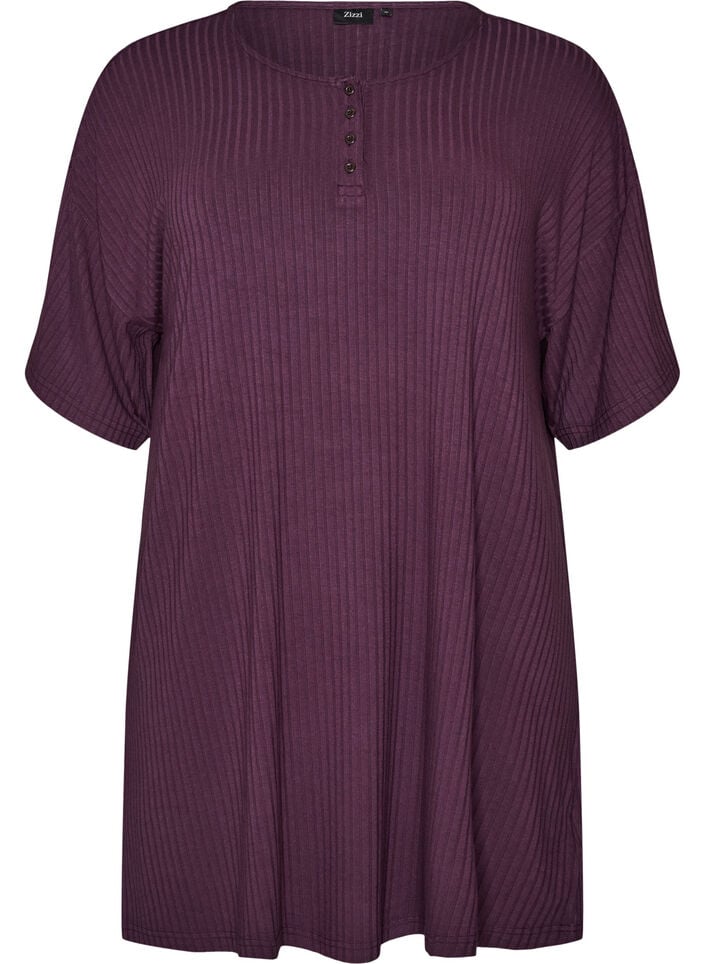 Nachtjapon in viscose jersey met een geribde textuur, Paars, Packshot image number 0