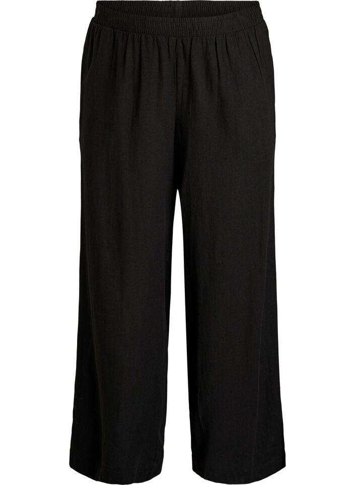 Wijde linnen en viscose broek, Zwart, Packshot image number 0