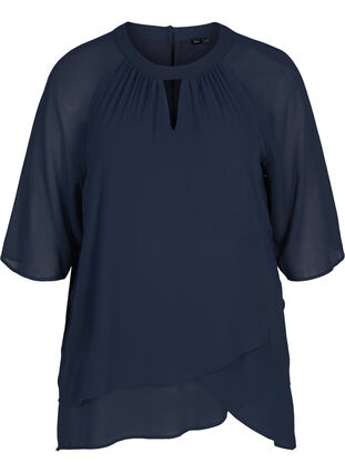 Chiffon blouse met 3/4 mouwen, Navy Blazer, Packshot image number 0